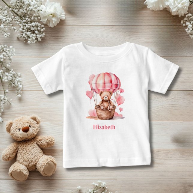 Teddy Bear Hot Air Balloon Pink Girl Personalized Baby T-Shirt (Teddy Bear Hot air balloon Pink Baby Toddler Girl Personalized T-shirt)