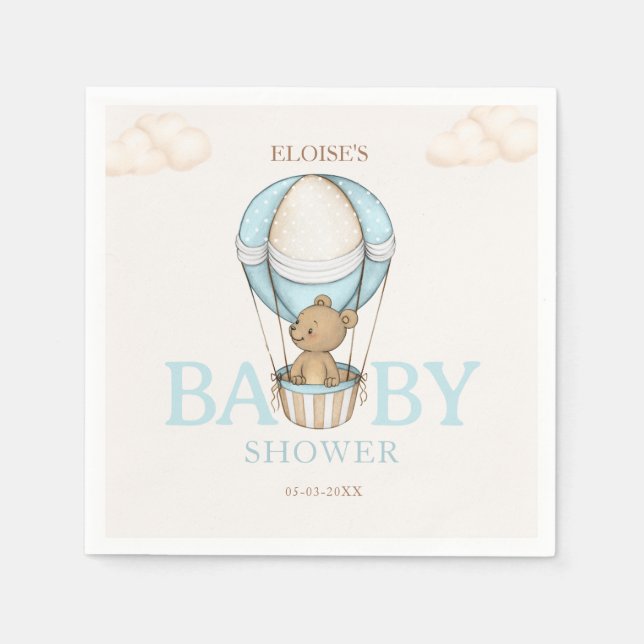 Teddy Bear Hot Balloon Bearly Wait boy Baby Shower Napkins (Front)
