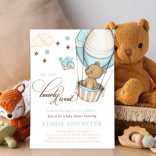 Teddy Bear hot Balloon Boy Bearly Wait Baby Shower Invitation