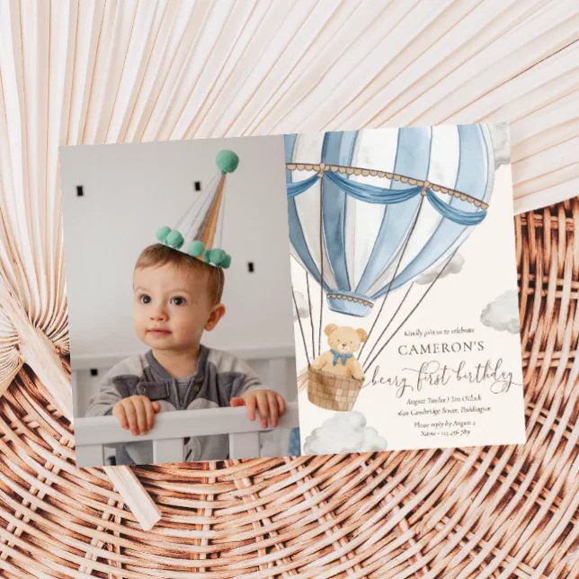 Teddy Bear Hot Hair Balloon First Birthday Photo Invitation | Zazzle