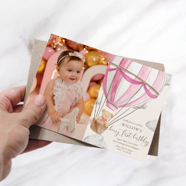 Teddy Bear Hot Hair Balloon First Birthday Photo Invitation (Creator Uploaded)