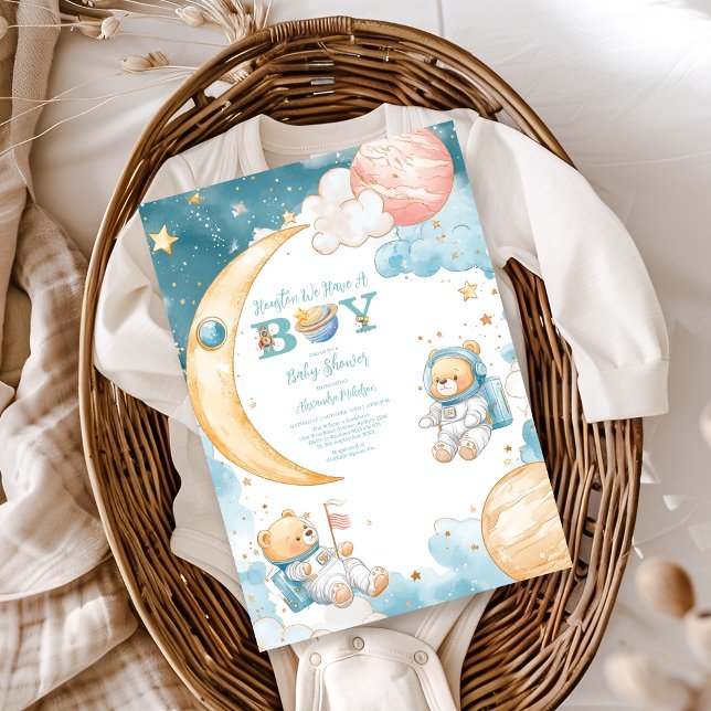 Teddy Bear Houston We Have A Boy Outer Space  Invitation (Creator Uploaded)