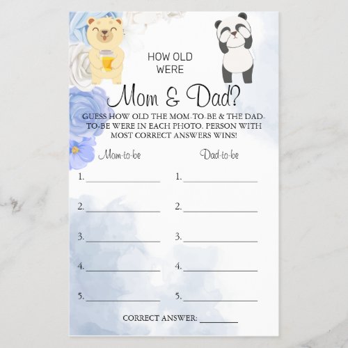 Teddy Bear How old were Mom  Dad shower game card Flyer