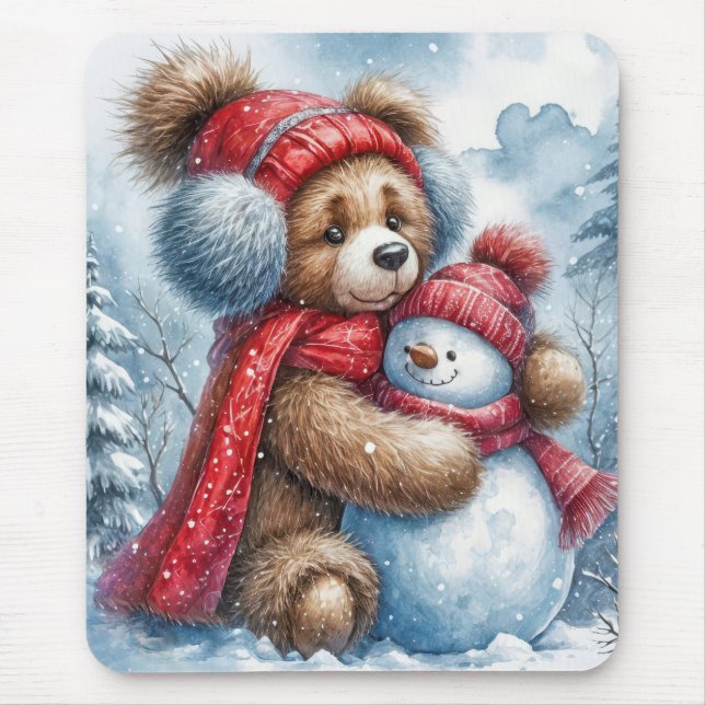 Teddy Bear Hugging a Snowman Mouse Pad (Front)