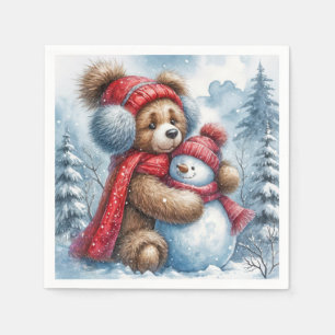 Teddy Bear Hugging a Snowman Napkins