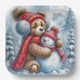 Teddy Bear Hugging a Snowman Paper Plates