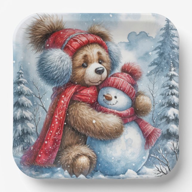 Teddy Bear Hugging a Snowman Paper Plates (Front)