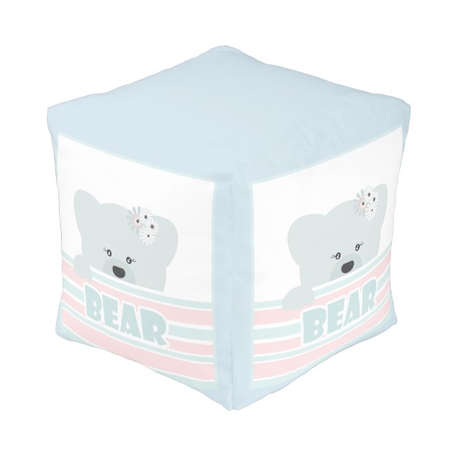 Teddy bear illustration kids childish print pouf (Angled Back)