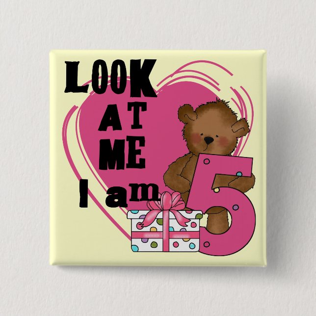 Teddy Bear I'm 5 Birthday T-shirts and Gifts Button (Front)