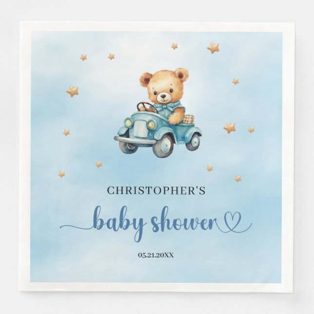 Teddy bear in a car boy baby shower paper dinner napkins (Front)