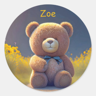 Teddy bear in a meadow, cute custom classic round sticker