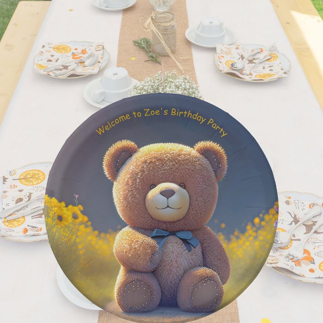 Teddy bear in a meadow, cute custom  paper plates (Creator Uploaded)