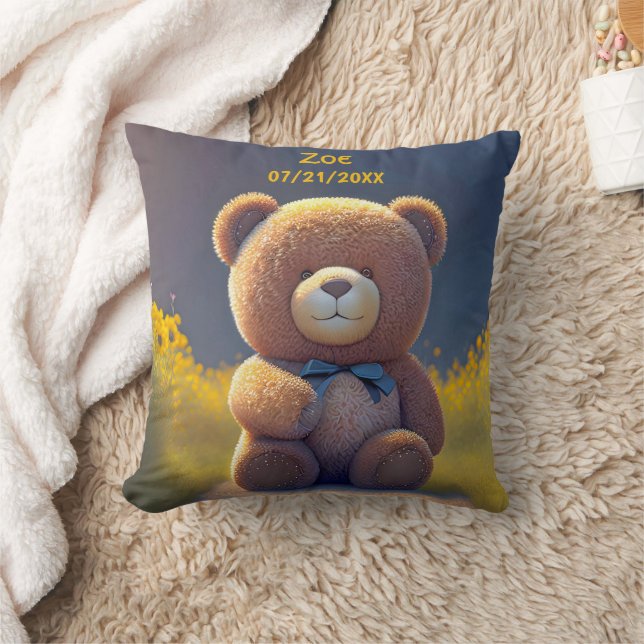 Teddy bear in a meadow, cute  throw pillow (Blanket)