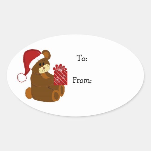 Teddy Bear in a Santa Hat Oval Sticker