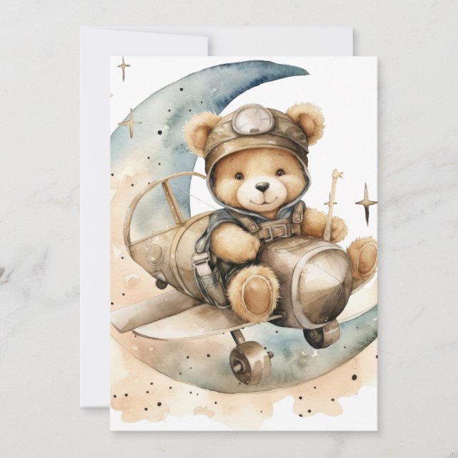 Teddy Bear In Airplane Birth Announcement (Front)