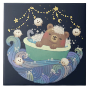 Teddy Bear in Bathtub Boat with Fluffy Monsters Ceramic Tile