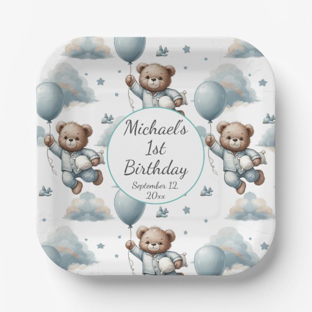 Teddy Bear in Blue Pyjamas Birthday Paper Plates (Front)