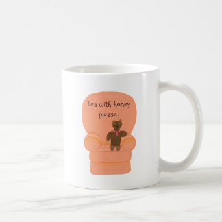 Teddy bear in chair, tea with honey please, mugs