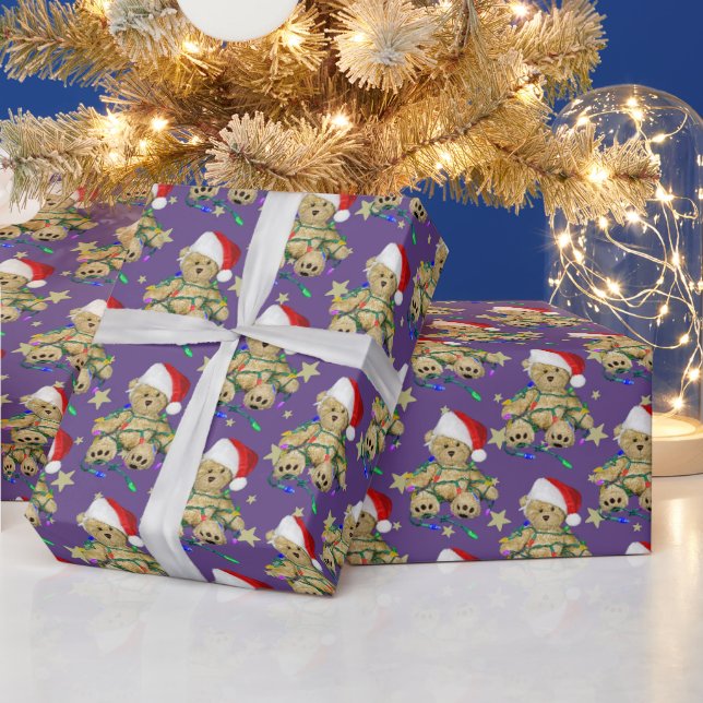 Teddy Bear In Christmas Lights and Stars Wrapping Paper (Holidays)