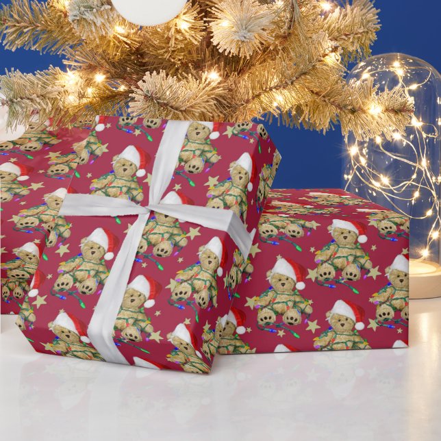 Teddy Bear In Christmas Lights and Stars Wrapping Paper (Holidays)