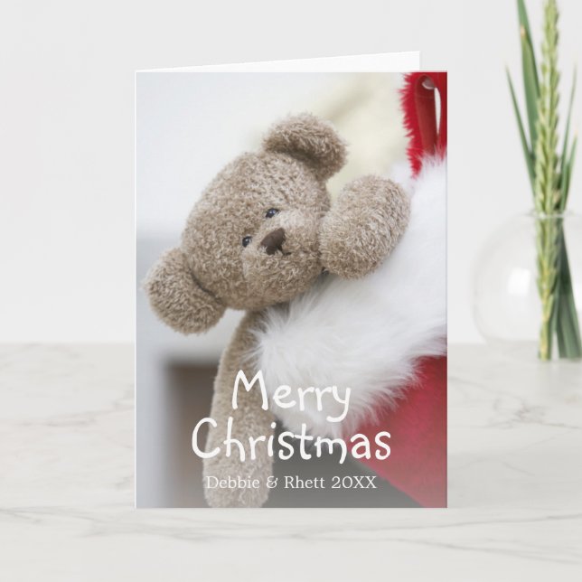 Teddy bear in Christmas stocking Holiday Card (Front)