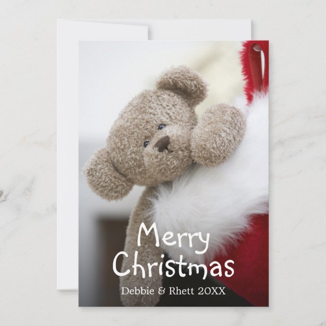 Teddy bear in Christmas stocking Holiday Card (Front)