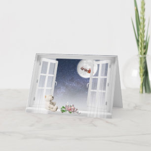teddy bear in Christmas window Card