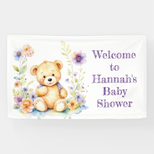 Teddy Bear in Flowers Girls Baby Shower Banner