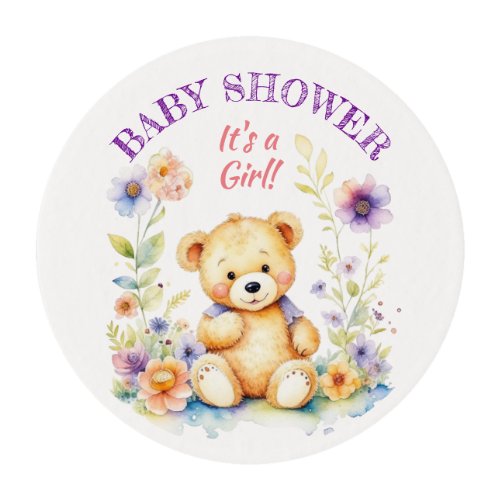 Teddy Bear in Flowers Girls Baby Shower Edible Frosting Rounds