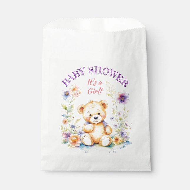Teddy Bear in Flowers Girl's Baby Shower Favor Bag (Front)