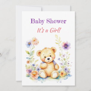Teddy Bear in Flowers Girl's Baby Shower Invitation
