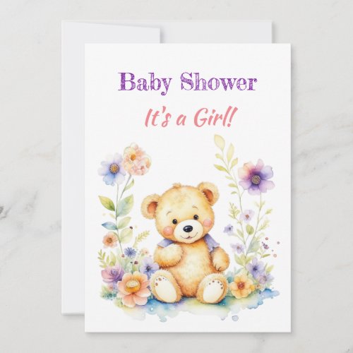 Teddy Bear in Flowers Girls Baby Shower Invitation