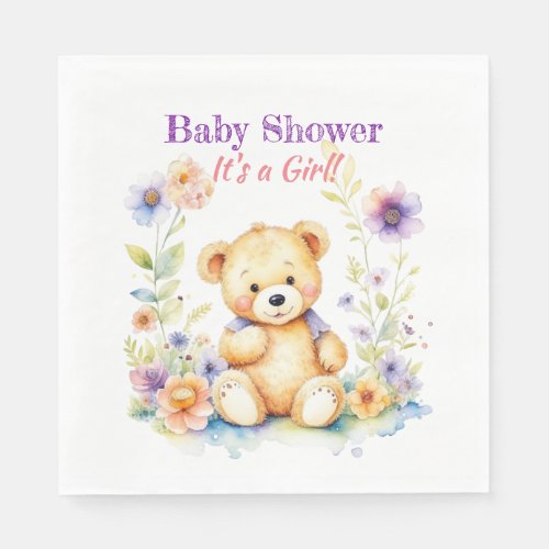 Teddy Bear in Flowers Girls Baby Shower Napkins