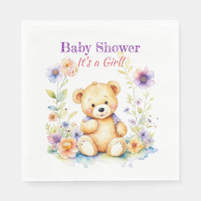 Teddy Bear in Flowers Girl's Baby Shower Napkins (Front)