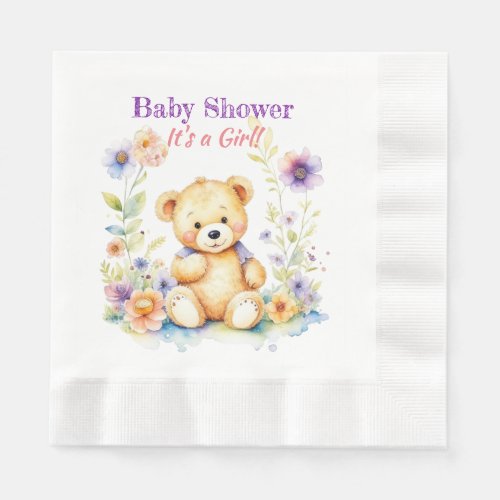 Teddy Bear in Flowers Girls Baby Shower Napkins