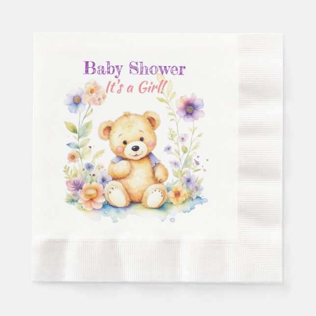Teddy Bear in Flowers Girl's Baby Shower Napkins (Front)