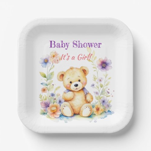 Teddy Bear in Flowers Girls Baby Shower Paper Plates