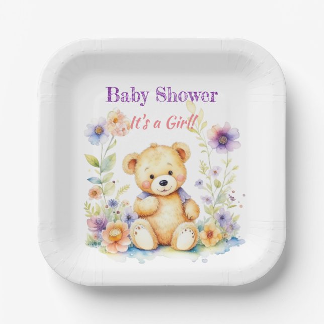 Teddy Bear in Flowers Girl's Baby Shower Paper Plates (Front)