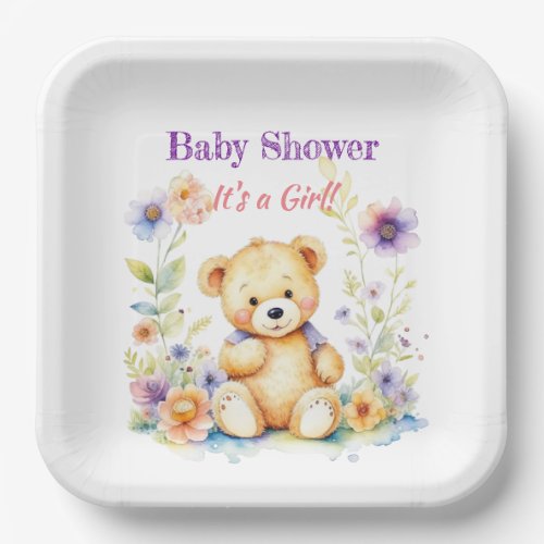 Teddy Bear in Flowers Girls Baby Shower Paper Plates