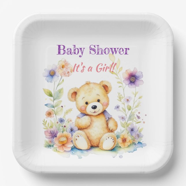 Teddy Bear in Flowers Girl's Baby Shower Paper Plates (Front)