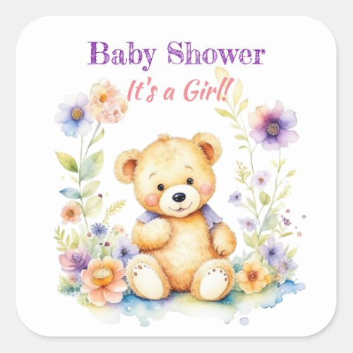 Teddy Bear in Flowers Girls Baby Shower Square Sticker