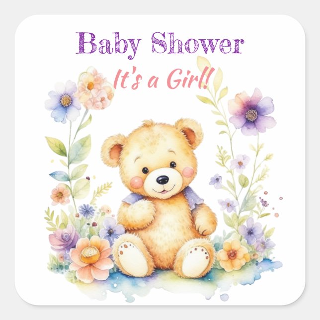 Teddy Bear in Flowers Girl's Baby Shower Square Sticker (Front)