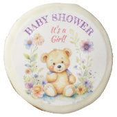 Teddy Bear in Flowers Girl's Baby Shower Sugar Cookie (Front)