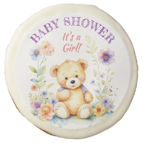 Teddy Bear in Flowers Girls Baby Shower Sugar Cookie