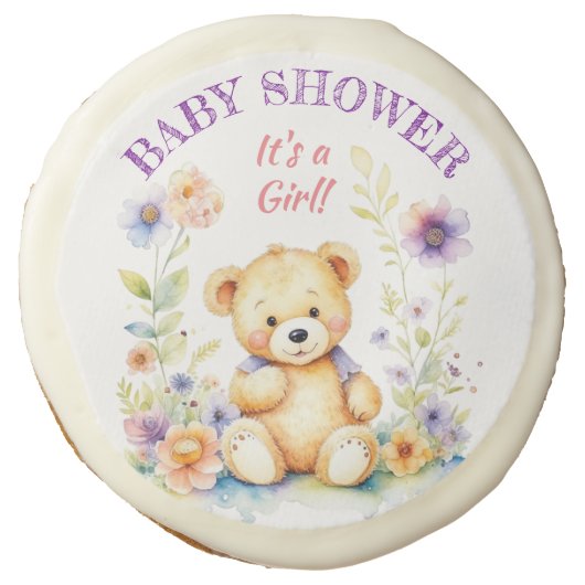 Teddy Bear in Flowers Girl's Baby Shower Sugar Cookie (Front)