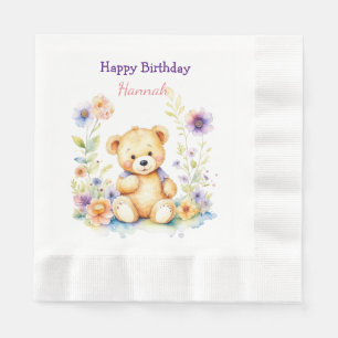 Teddy Bear in Flowers Girl's Birthday Party Napkins