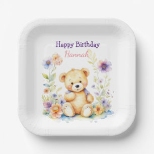 Teddy Bear in Flowers Girl's Birthday Party Paper Plates