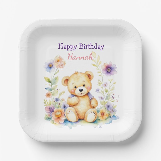 Teddy Bear in Flowers Girl's Birthday Party Paper Plates (Front)