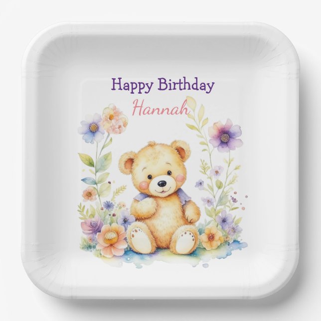 Teddy Bear in Flowers Girl's Birthday Party Paper Plates (Front)