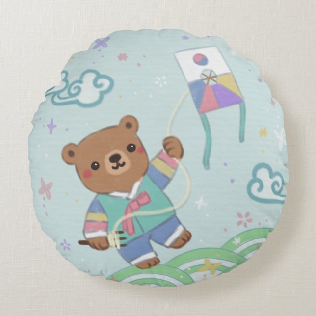 Teddy Bear in Hanbok: Kite Flying Round Pillow (Front)